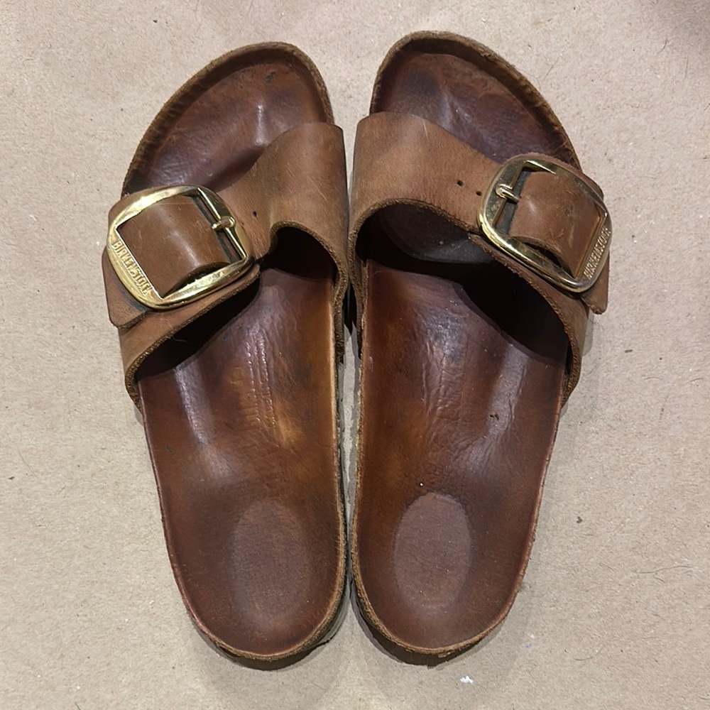 Birkenstock Leather Sandals with Gold Buckle